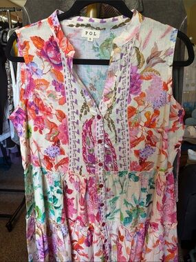 POL Sleeveless Floral Button-Front Tunic — White, Pink, Orange, Green, Purple